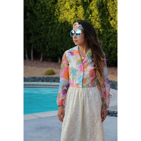 Vintage 1960s-70s Pastel Floral Hostess Gown Maxi Dress Small - Picture 5 of 10